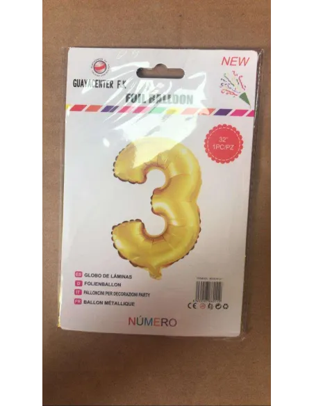 GLOBO METALICO 32 NUMERO 3 DORADO