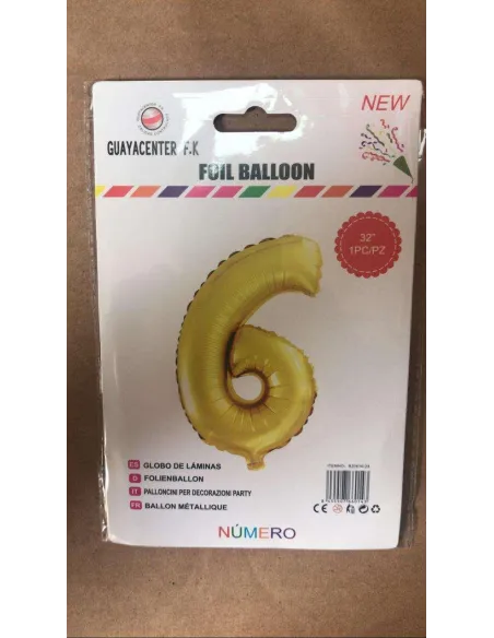 GLOBO METALICO 32 NUMERO 6 DORADO