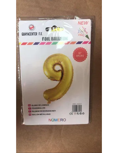 GLOBO METALICO 32 NUMERO 9 DORADO