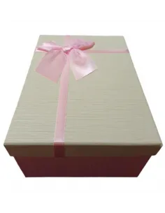 CAJA D/REGALO RA RECTANGULAR BEIGE C/LAZO ROSA MED.14X21CM